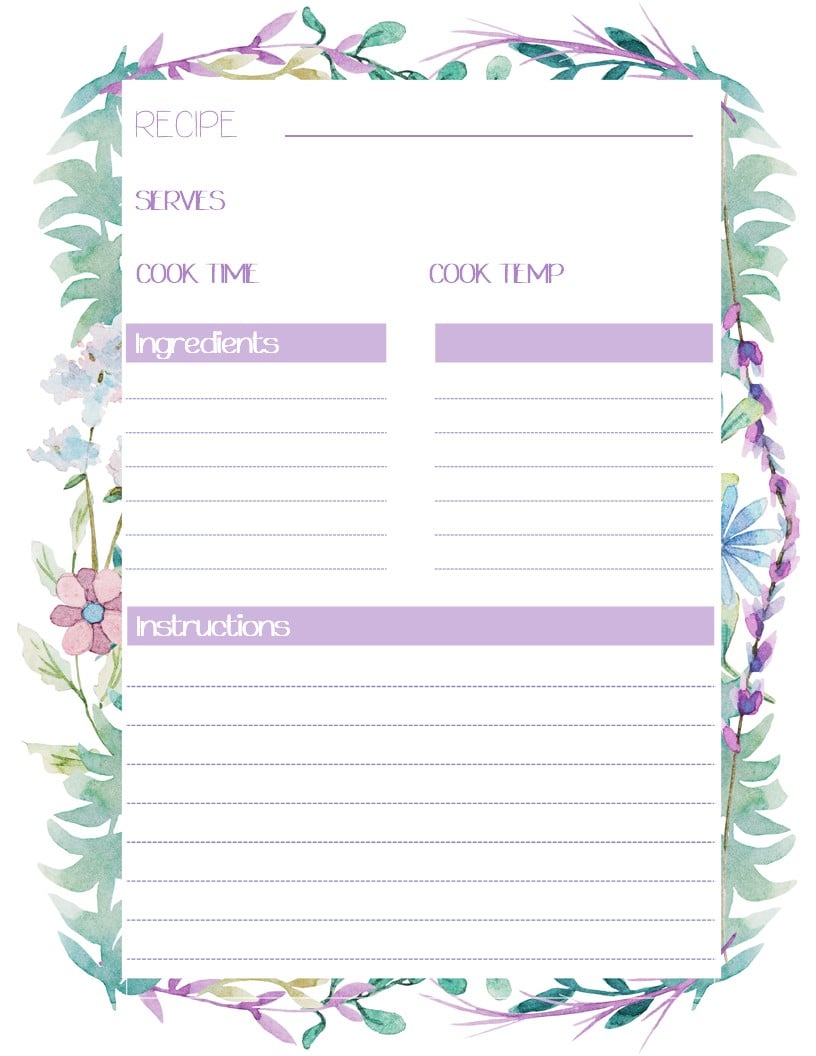 Blank Recipe Book Printable Flower Template, Blank Pages Sheet